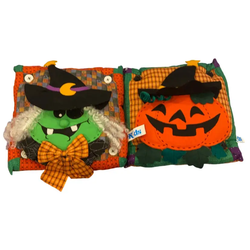 Vintage Halloween Throw Pillows Witch And Jack-o’-lantern Pair 10”x10” Lot Of 2