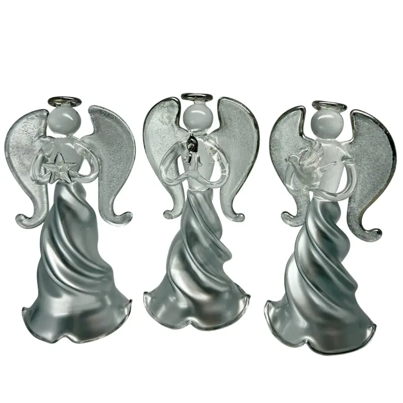 Vintage Glass Angel Figurines Set of 3 – Clear & Silver Painted Wings & Flowing Gown Holder A Star Candle & Dove
5” T x 2.75” L x 2.25” W