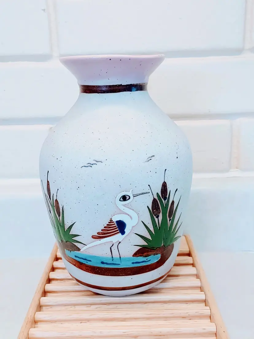 Tonala Mexican Pottery Vase Folk Art Egret Heron Wading Bird Signed Mexico