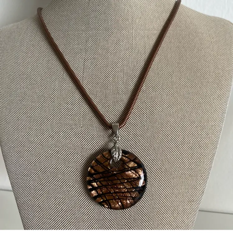 Artisan Fused Dichroic Glass Pendant Necklace with Wavy Op Art Design
