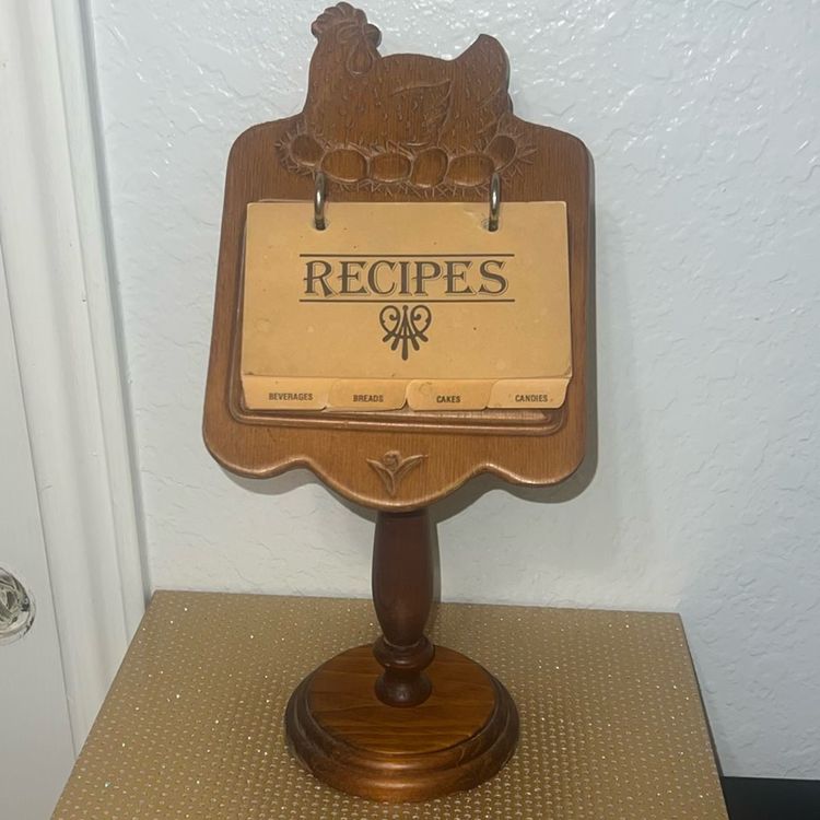 Vintage Farmhouse Wooden Pedestal Folk Art Recipes Card Holder