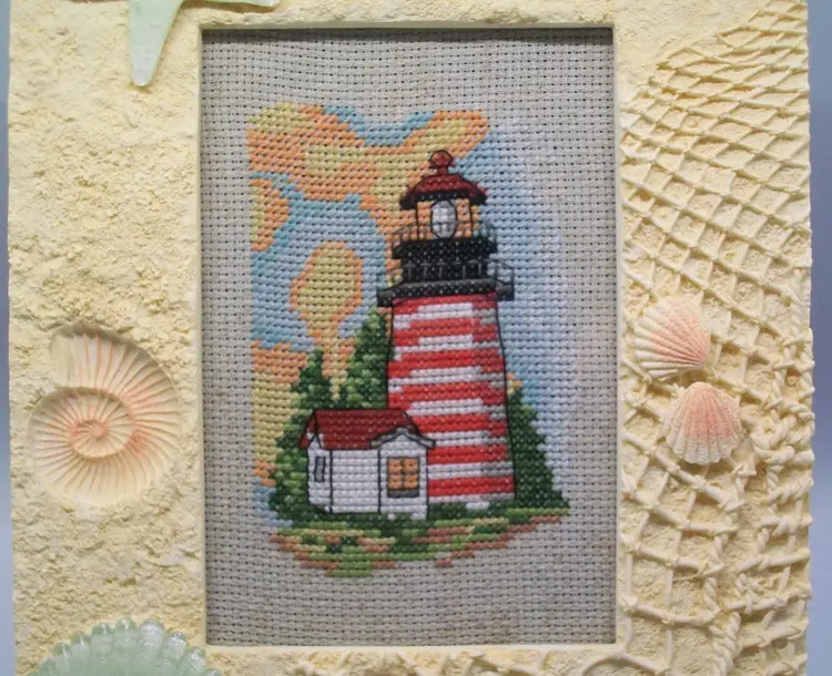 Cross Stitch Red White Stripe Lighthouse in Seashell Frame 7.25" x 9.25"
