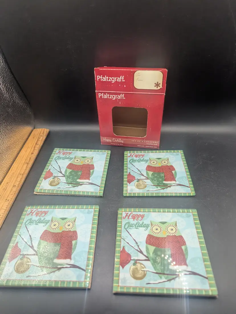 Vintage Pfaltzgraff Set of 4 New in Box Happy Owliday Coasters