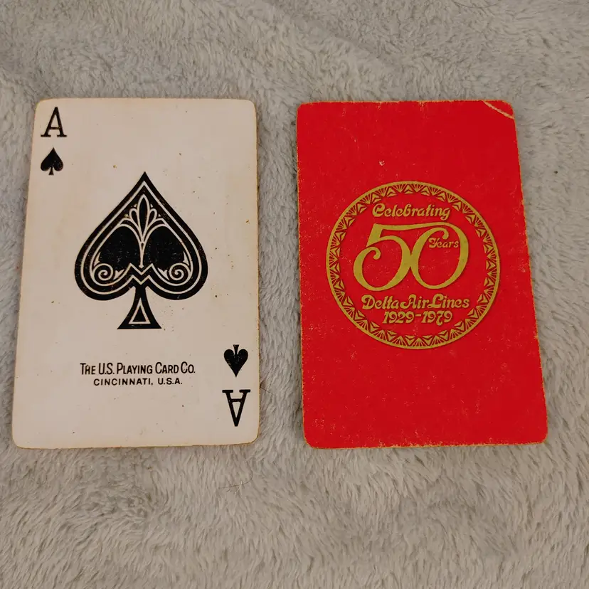 1 Single Swap Card - Playing Card. Celebrating 50 years of Delta. 1979. Vintage. Ace of Spades. Made in OH. Dimension 2.5 x 3.5. Read description.