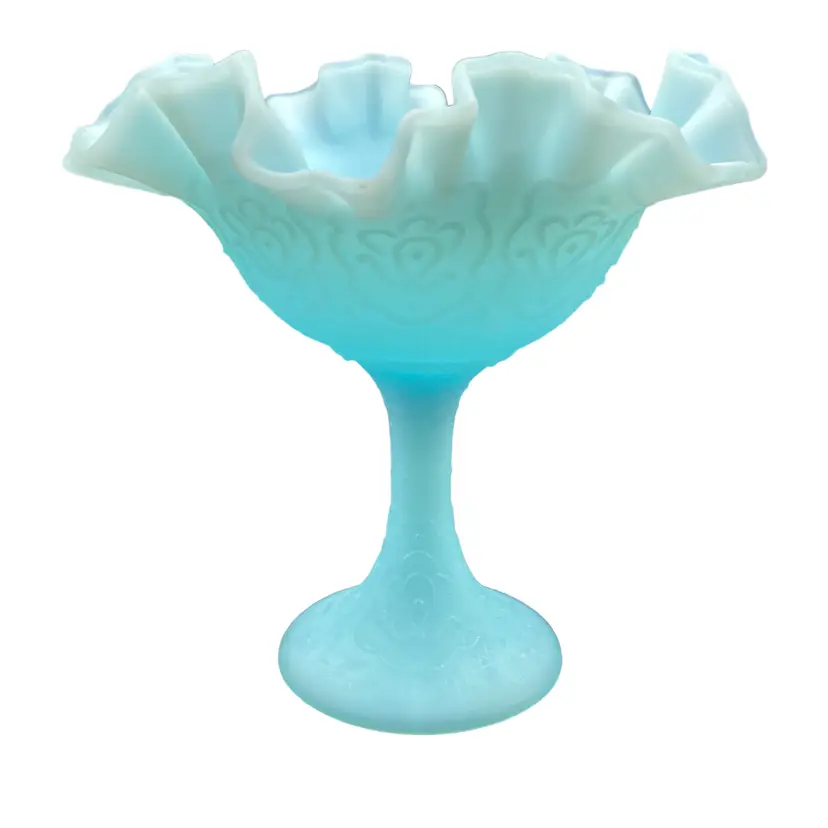 Vintage Fenton Blue Satin Glass Persian Medallion Compote