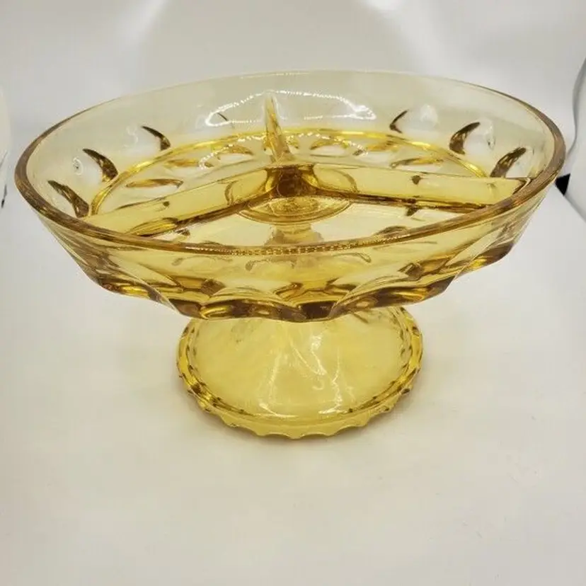Hazel Atlas Reflection Amber Thumbprint Divided Footed Relish Dish Vintage