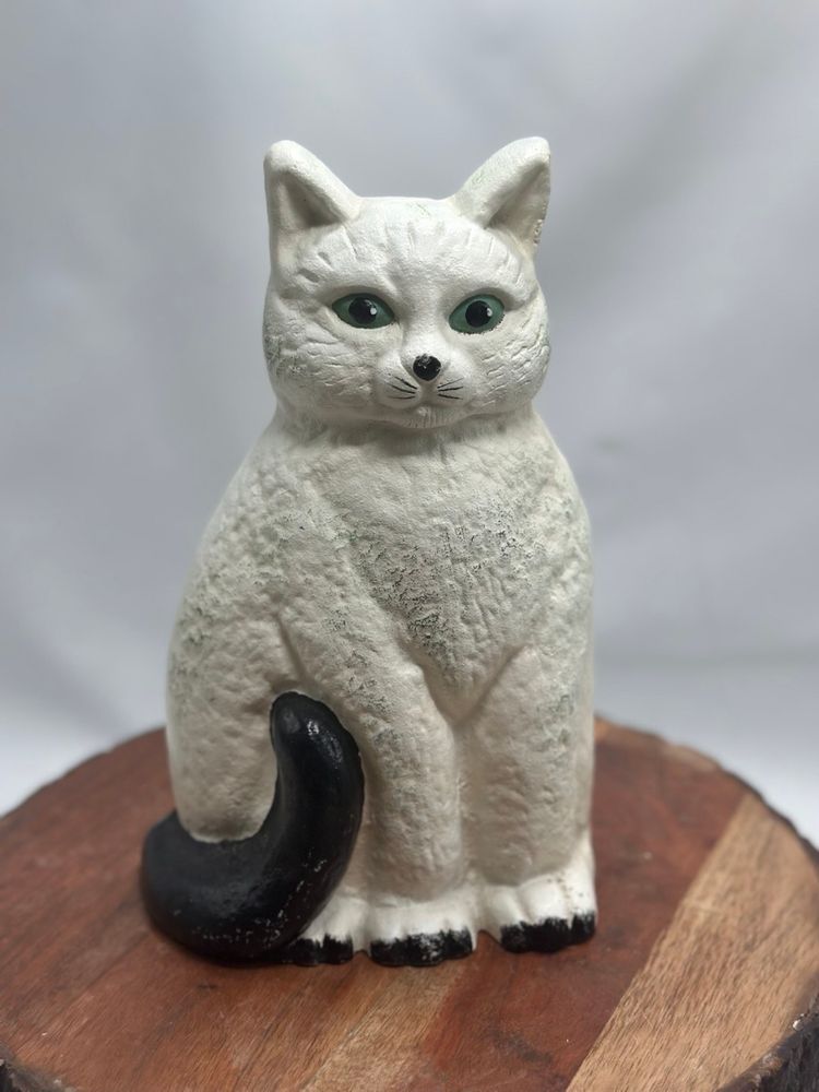 Vintage Cast Iron Cat Kitten Feline with Black Tail Doorstop Bookend