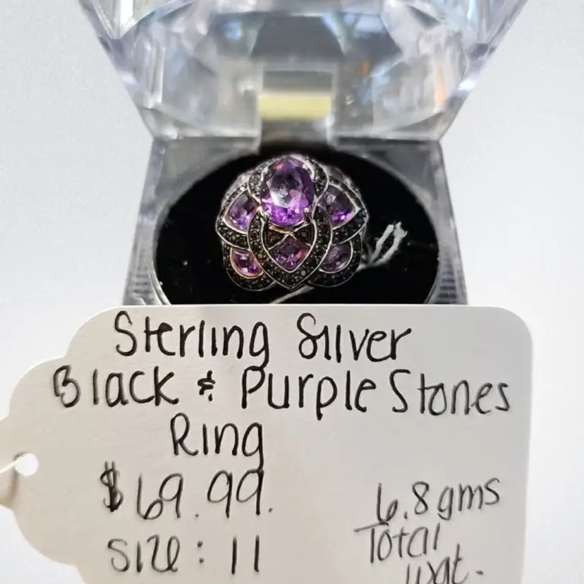Sterling Silver Ring With Amethyst Stones And Black Accent Stones- Size 11