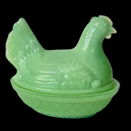 Wilkerson Glass Split Tail Jadeite Mini Hen On A Nest Covered 2pc Dish 4”