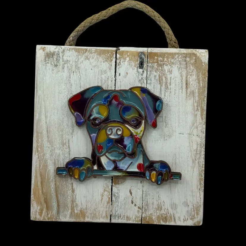 Contemporary Stained Glass Dog On White Chippy Wood Wall Hanging