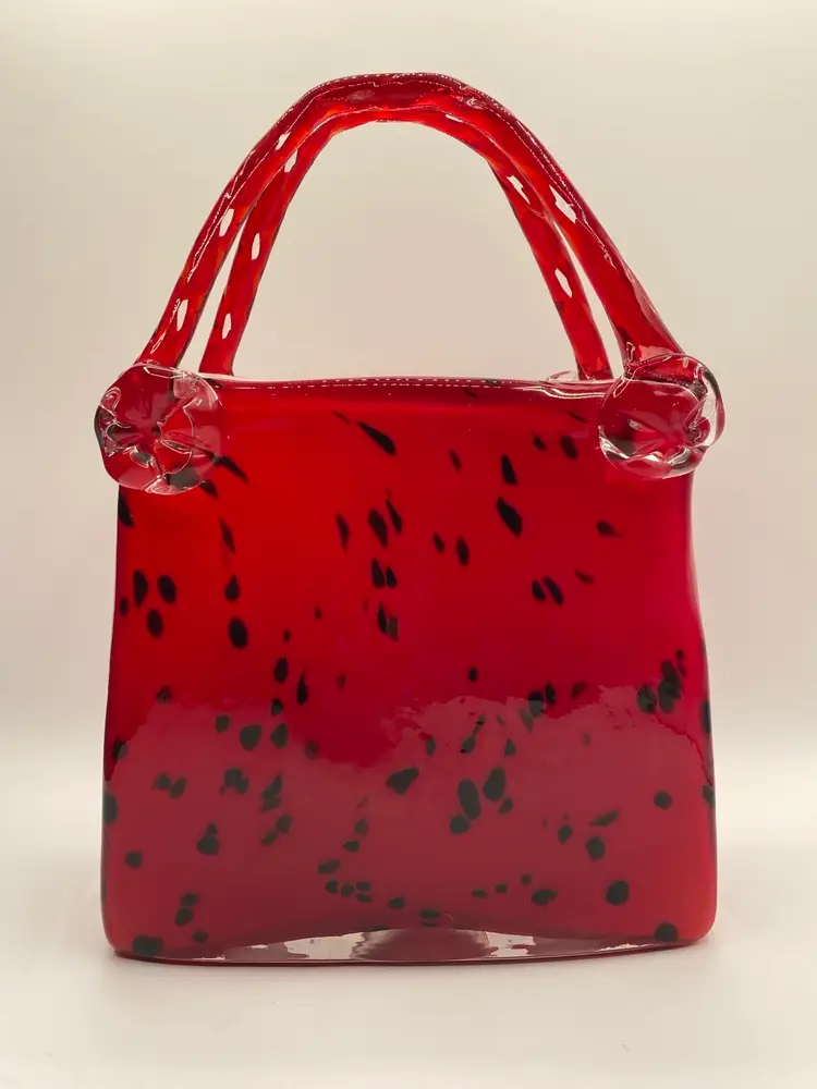 Vintage Italian Hand Blown Red Purse With Black Splash 12” T - 8-1/2” H