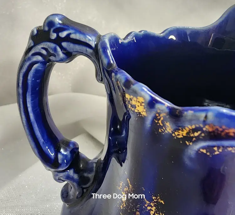 Antique Cobalt Blue Sprayed Gold Accents Pottery Jug Pitcher VGC