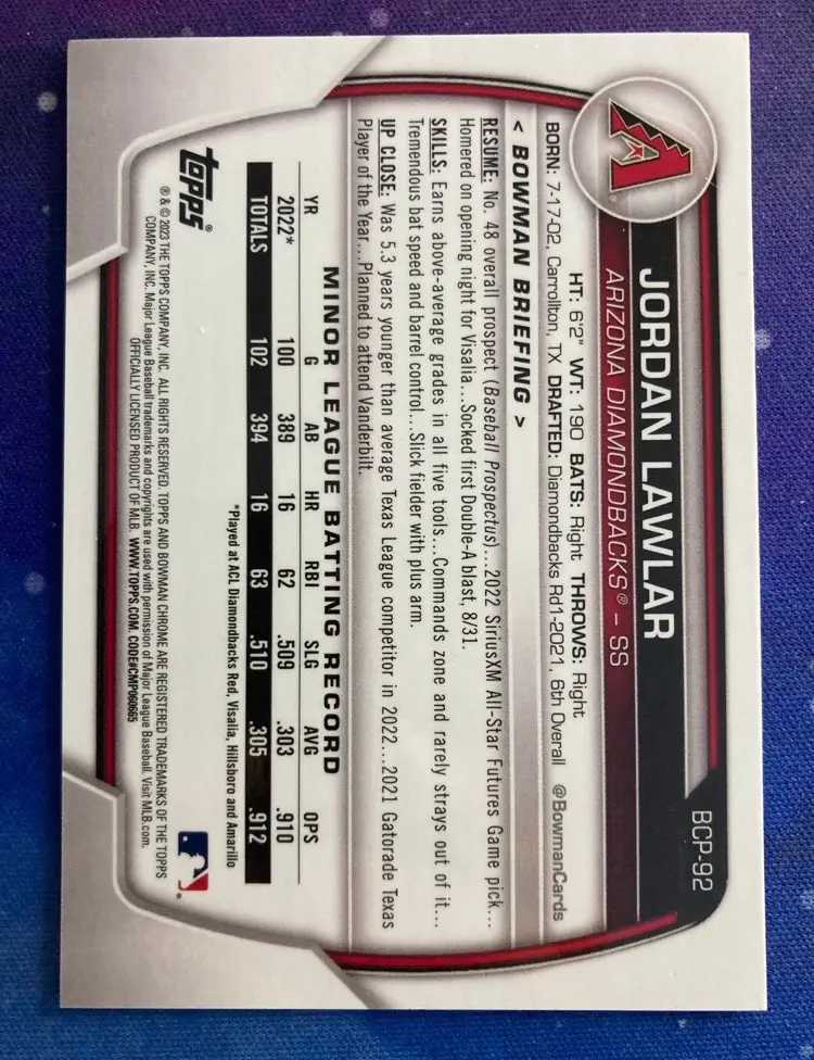 2023 Jordan Lawlar Bowman Chrome Prospect Lava Refractor #BCP-92 /399 Dbacks