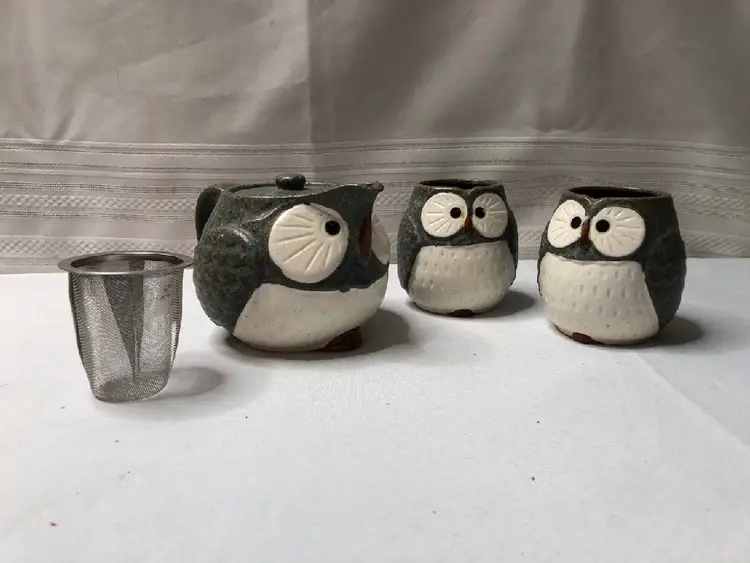 SET of 3 Japanese Kotobuki Tea Pot & Cups Set Midnight Lucky Owl Made in Japan