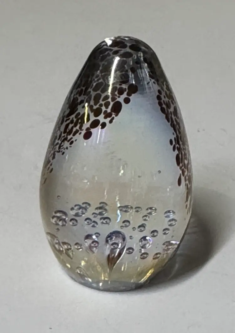 Egg Shaped Glass Paperweight iridescent with controlled bubbles 2.75” tall