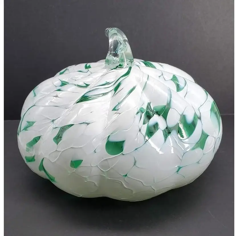 Large Pumpkin Green and White Recycled Art Glass  Poland 10" x 6"
