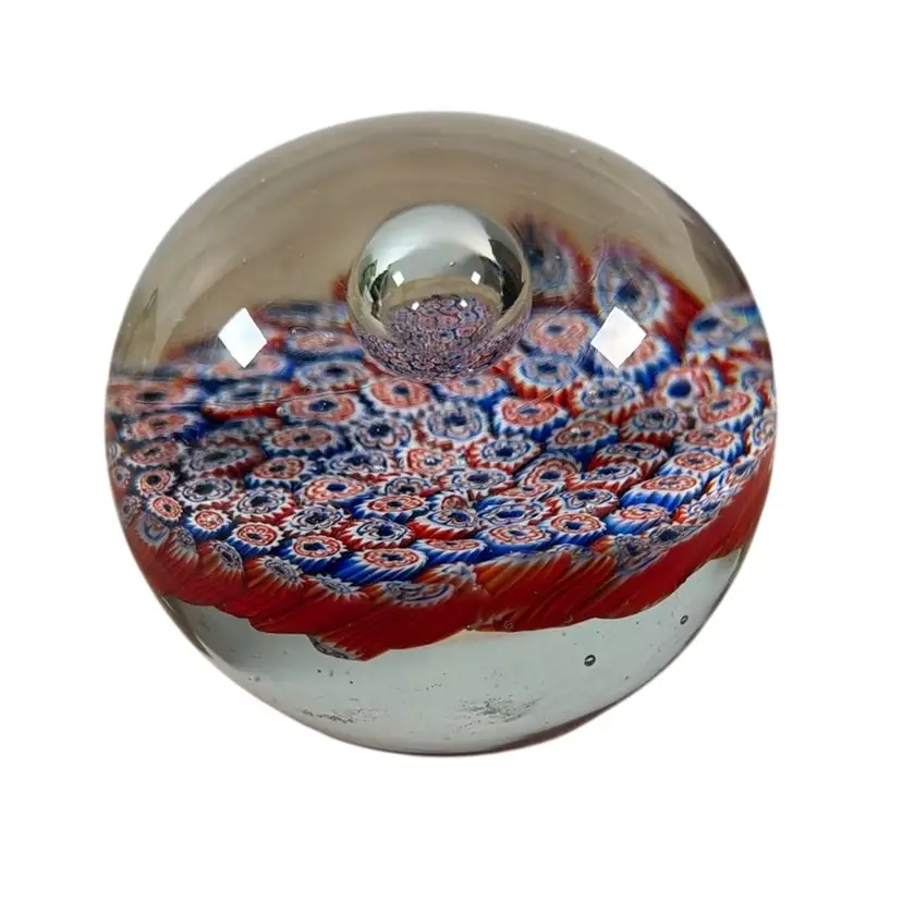Red, White & Blue Millefiori 4” Glass Paperweight Unsigned Asian