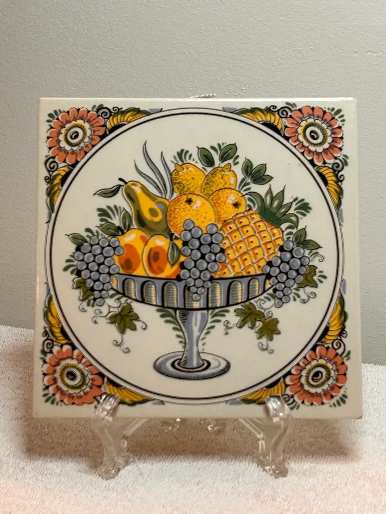 Vtg Delft Polychrome Schoonhoven Keramiek Ceramic Tile Holland Dutch w/Signature