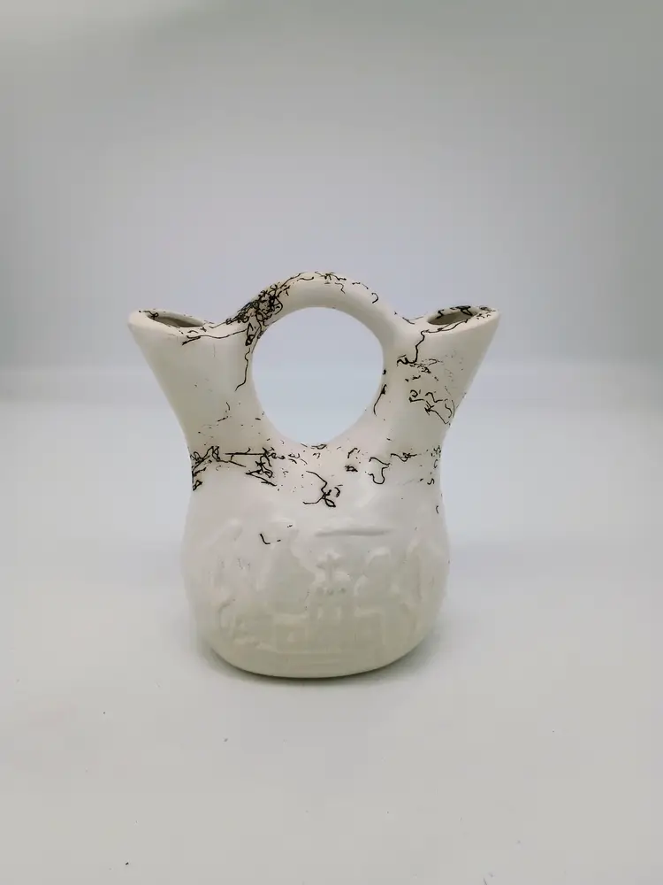Navajo Horsehair Pottery Wedding Vase Raised Relief Pueblo Design Signed by Artist Steed. 5"