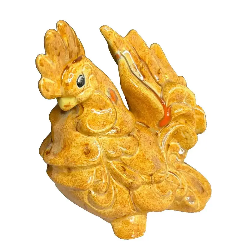 Vintage MCM Drip Glaze Chicken /Hen Golden Yellow 6" Tall Ceramic Figurine