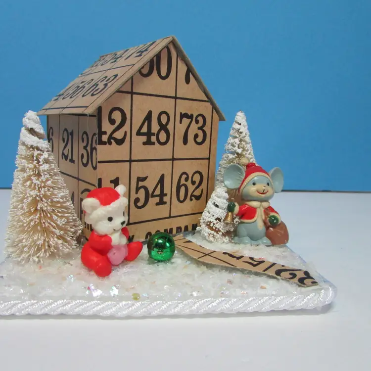 vintage crafted Bingo card house Christmas bear and mouse winter scene