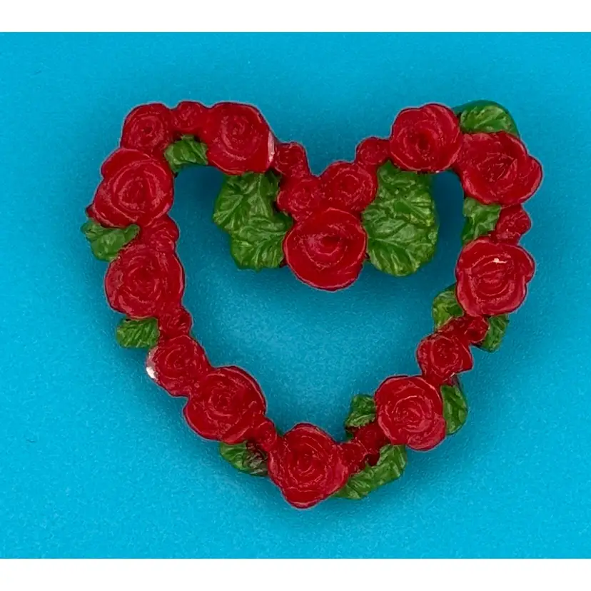 Vintage Red Rose Heart Wreath Brooch, Green Leaves,