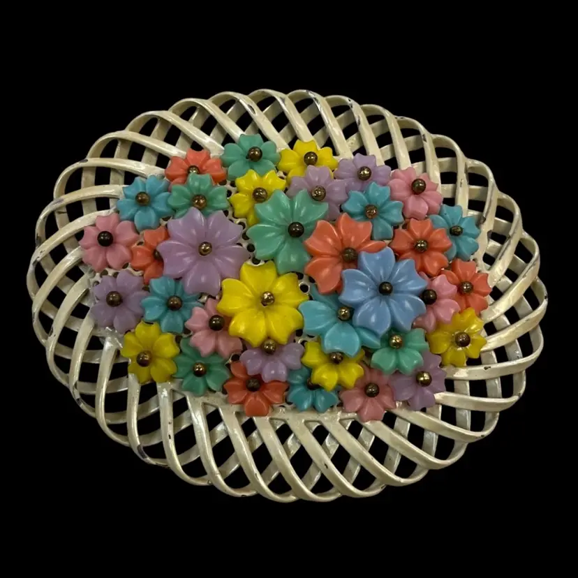 #7B - Early Miriam Haskell Brooch Wired Celluloid Flower Metal Lattice Border