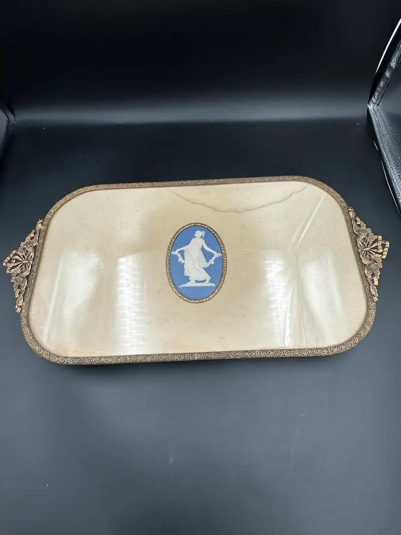 Vintage Wedgewood Blue Jasperware Rectangular Brass Vanity Tray England
