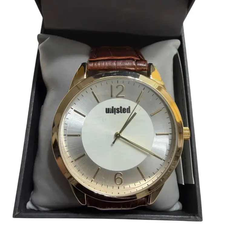 New $69 Unlisted by Kenneth Cole men's analog watch with a gold-tone case, silver-tone dial, and brown leather strap.