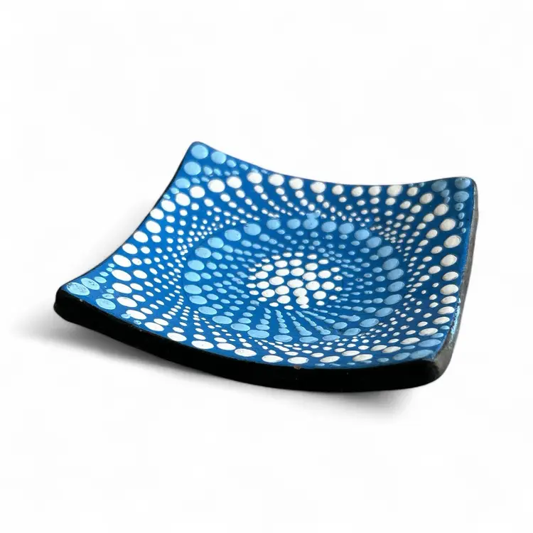 Small Hand Painted Mandala Redware Blue Polka Dot Trinket Dish