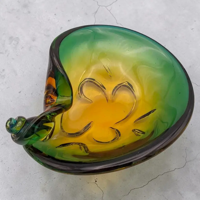 Italian Green Yellow Freeform Twisted Glass Bowl J.I. Co. Jordan Imports Vtg