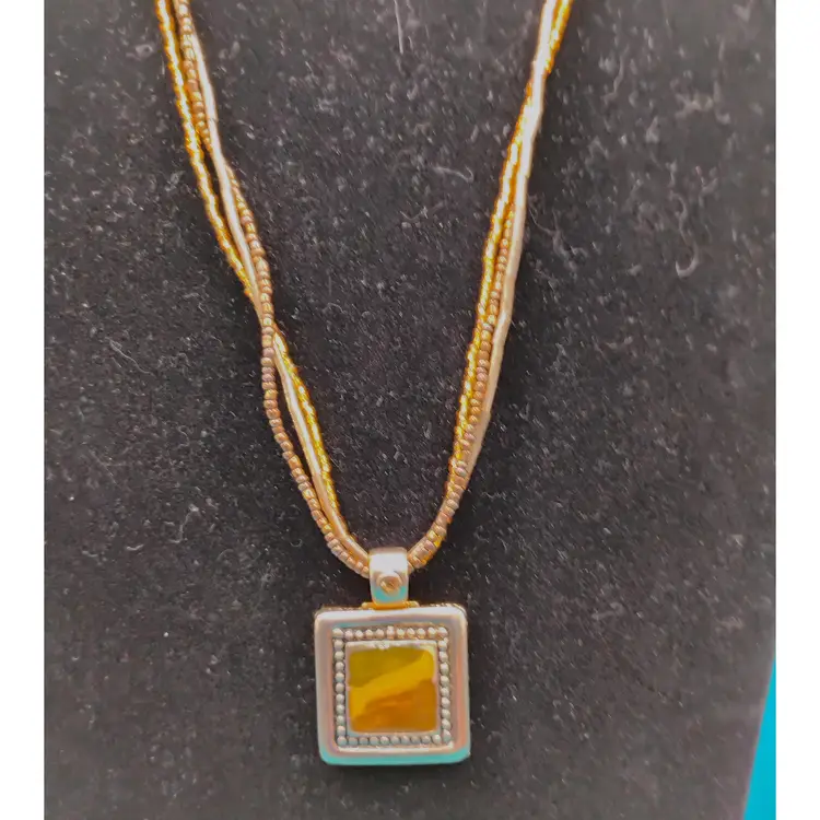 #01 Vintage, Necklace 15-18in, Gold Tone, Three strands, Earthy Colors, Pendant is Enameled