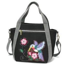 Challa Venture Mini Carryall Black Hummingbird Handbag With Floral Embroidery