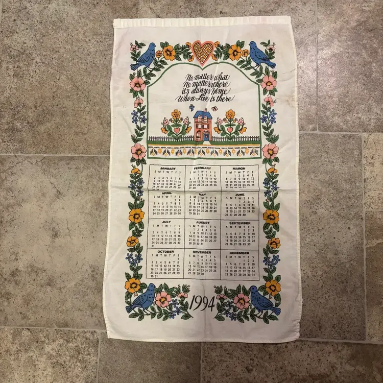 Graphic  Calendar Towel 1994 Inspirational Bluebirds N Flowers