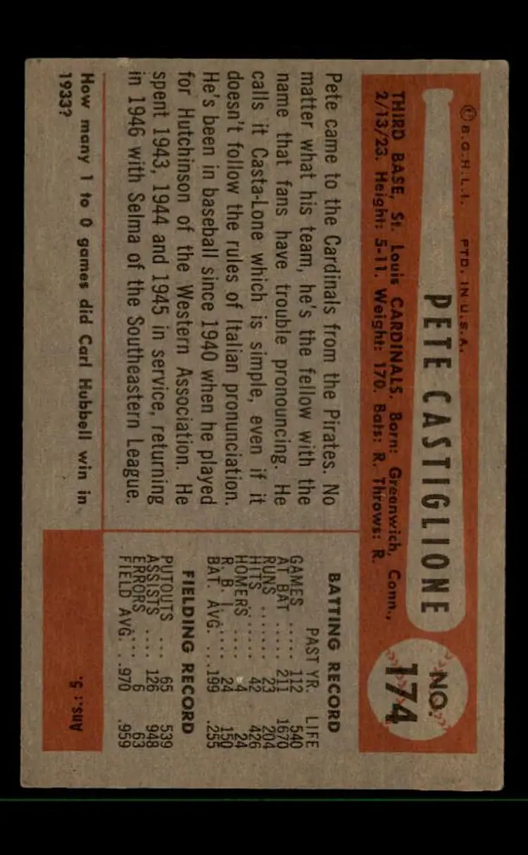 1954 Bowman #174b Pete Castiglione - (pk-tl3) - St. Louis Cardinals