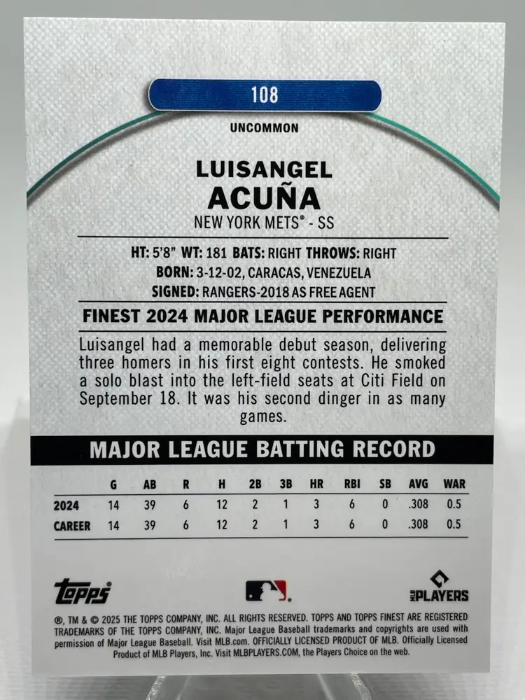 2025 Topps Finest - Uncommon Luisangel Acuna #108 Purple Refractor /200 (RC)