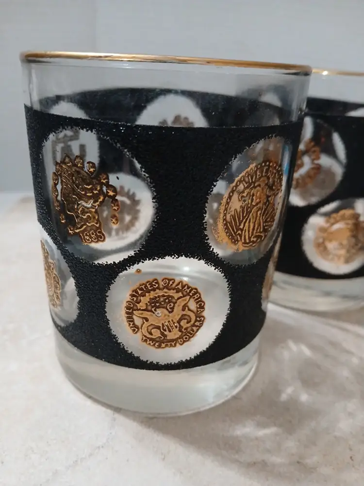 MCM Libby Low Ball Glasses. Embossed Gold Coin Design