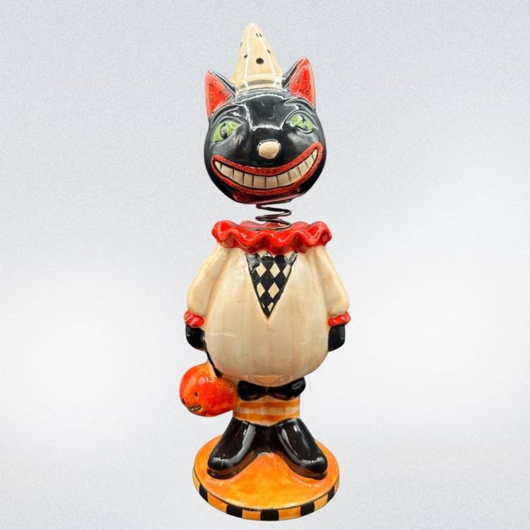 Halloween Retro Inspired Black Cat Jester Bobblehead Ceramic Figure 11”T 5.5”W Unmarked