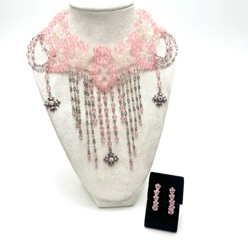 Pink Beaded Collar Necklace Pink Rhinestone Pierced Earrings Silver Tone Paired Bridgerton Inspired Jewelry Lot