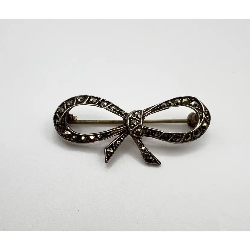 Vintage Sterling Marcasite Bow Brooch 1.5”