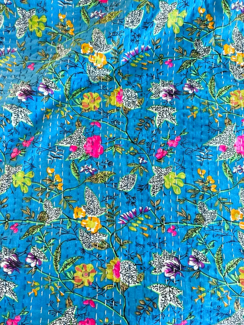 King Sized Kantha India Quilt Blanket Blue 108"x108"
