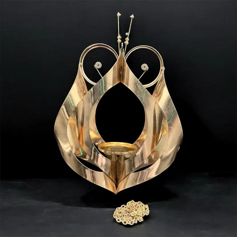 MCM Gold Tone Metal Stylized Owl Hanging Candleholder 14”x10”x3 1/2”