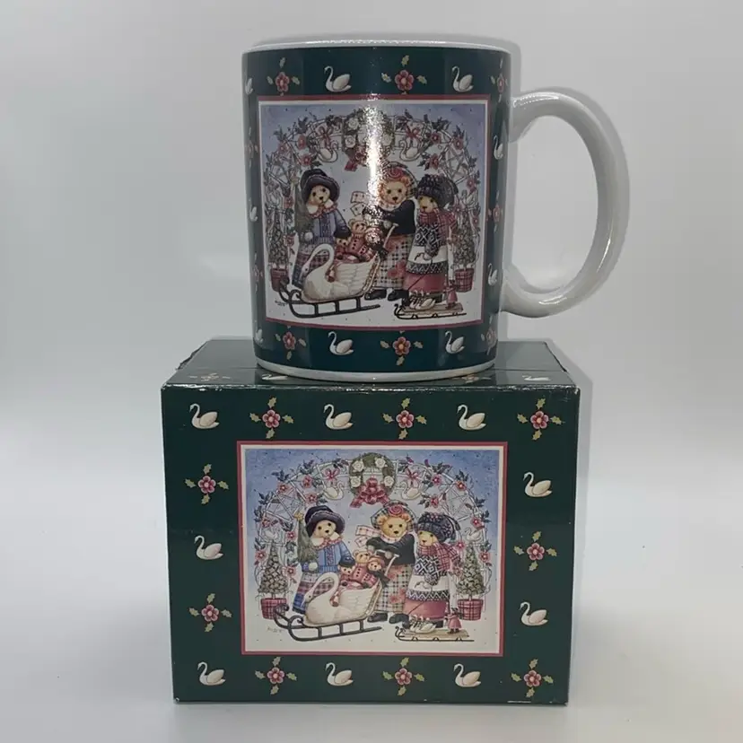 Vintage 1997 “Teddy's Swan Sleigh" collector's mug from Lang & Wise, featuring art by Nita Showers