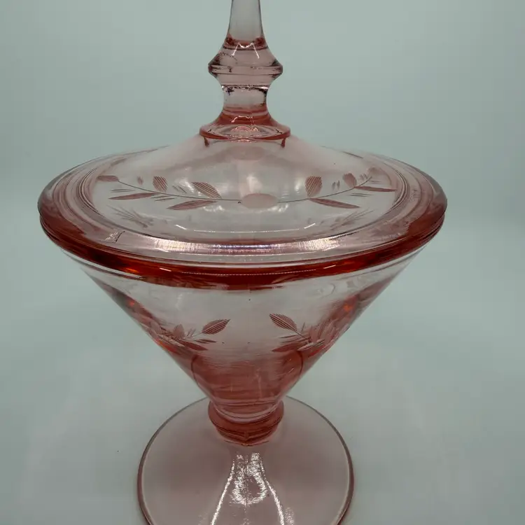 Vintage Lancaster Glass Pink Depression Etched Lidded Candy Dish GLOWS