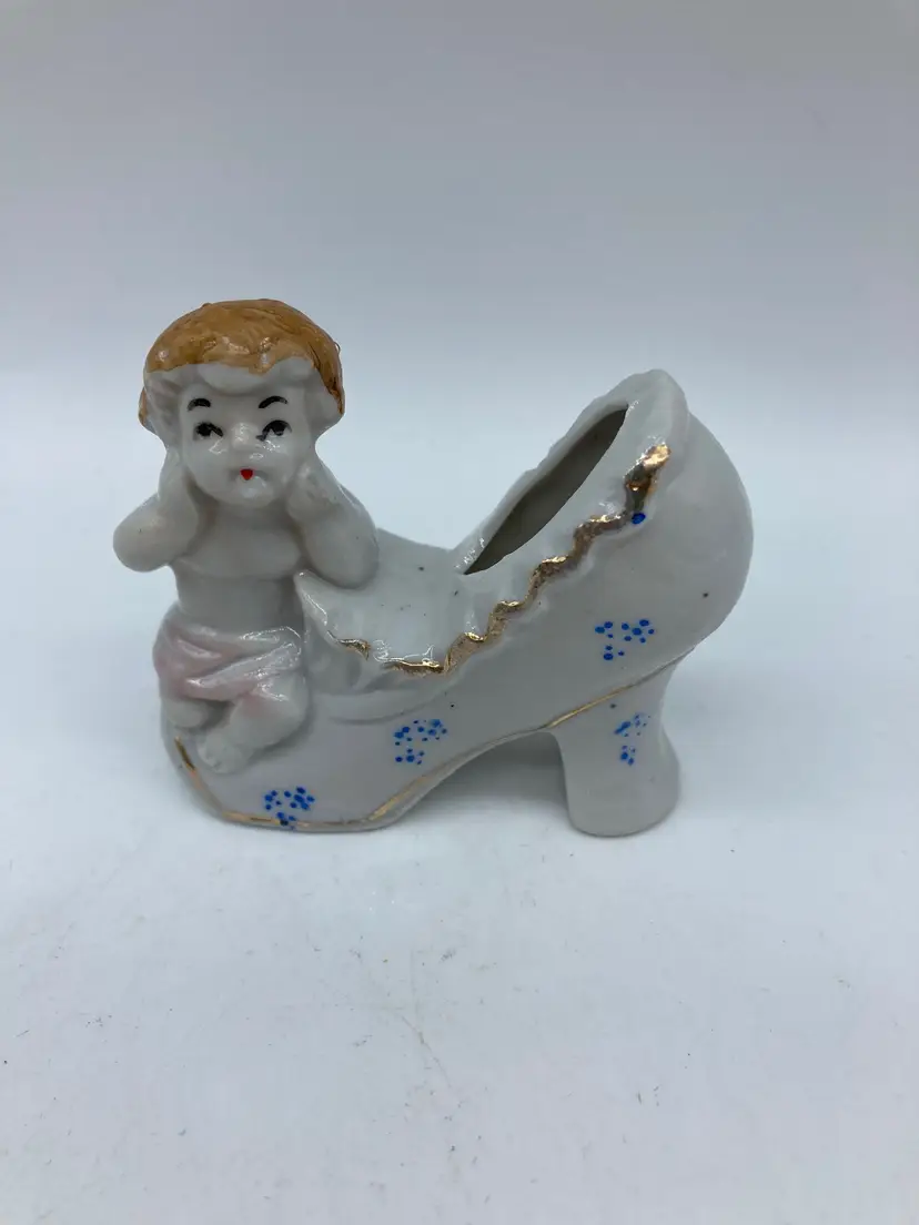 Vintage Japan Ceramic Baby/Cherub Sitting on Shoe Figurine