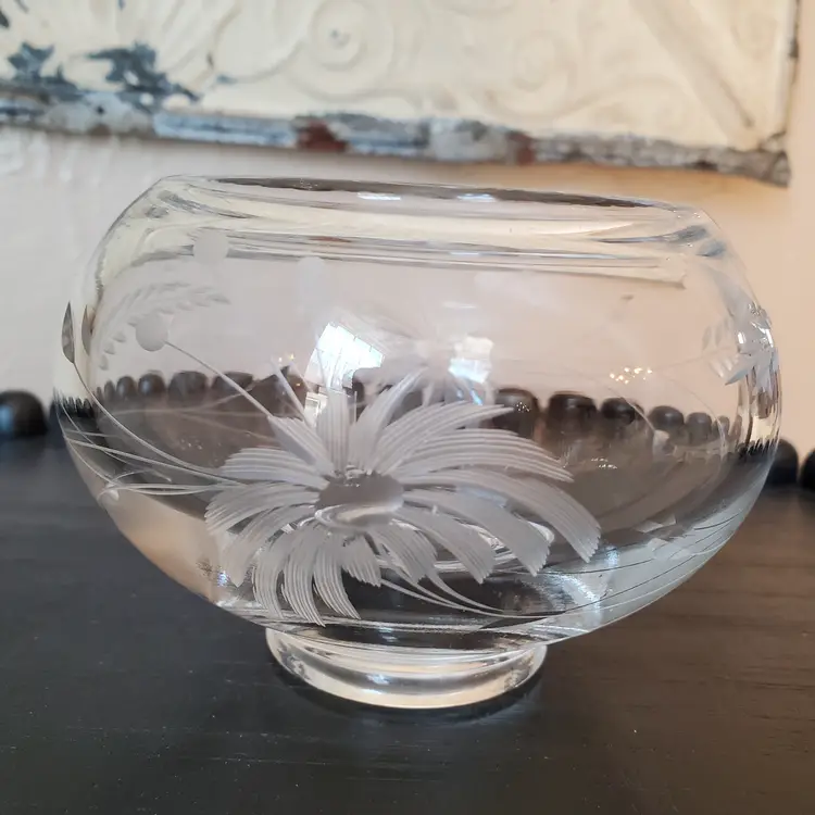 Petite Etched Glass Bowl with Floral Motif