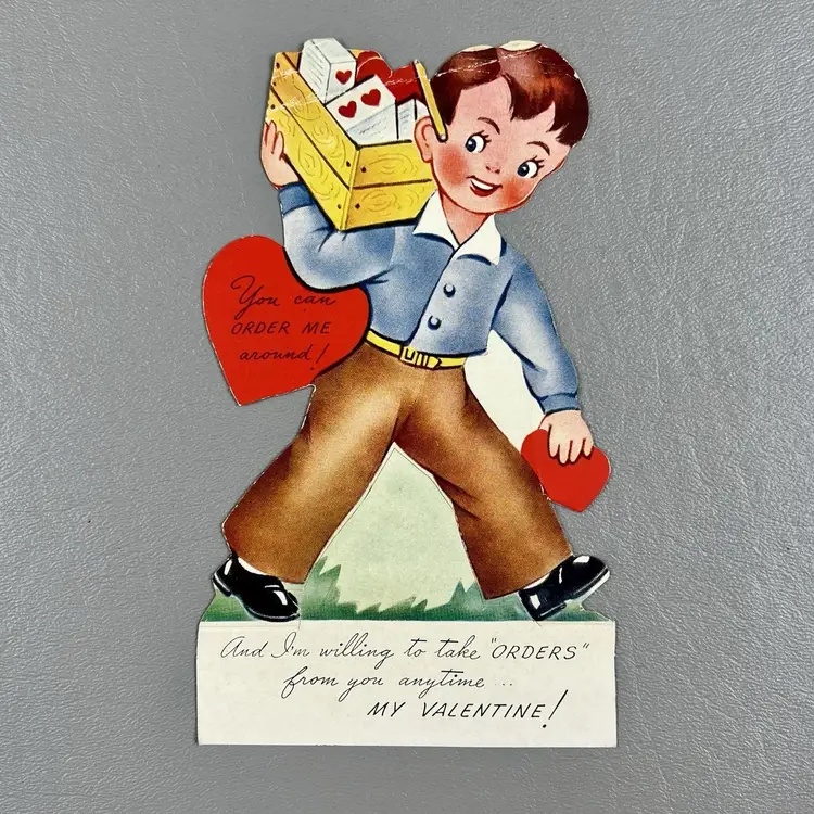 Vintage Valentine Greeting Card Order Me Around Boy With Box Of Gifts 6.5"