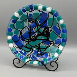 Handmade Fused Glass Shallow Bowl: Abstract Blue & Turquoise Art Piece 7.5”
