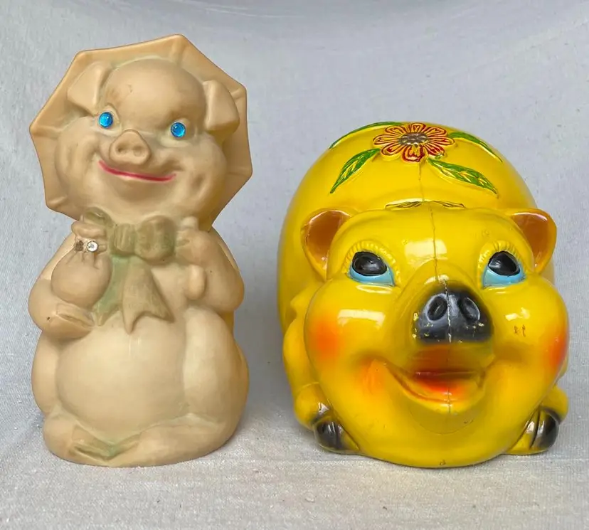 1970's Silvestri Bros Yellow Floral Pig Piggy Bank & Soft Rubber Piggy Bank w/Rhinestone (2)