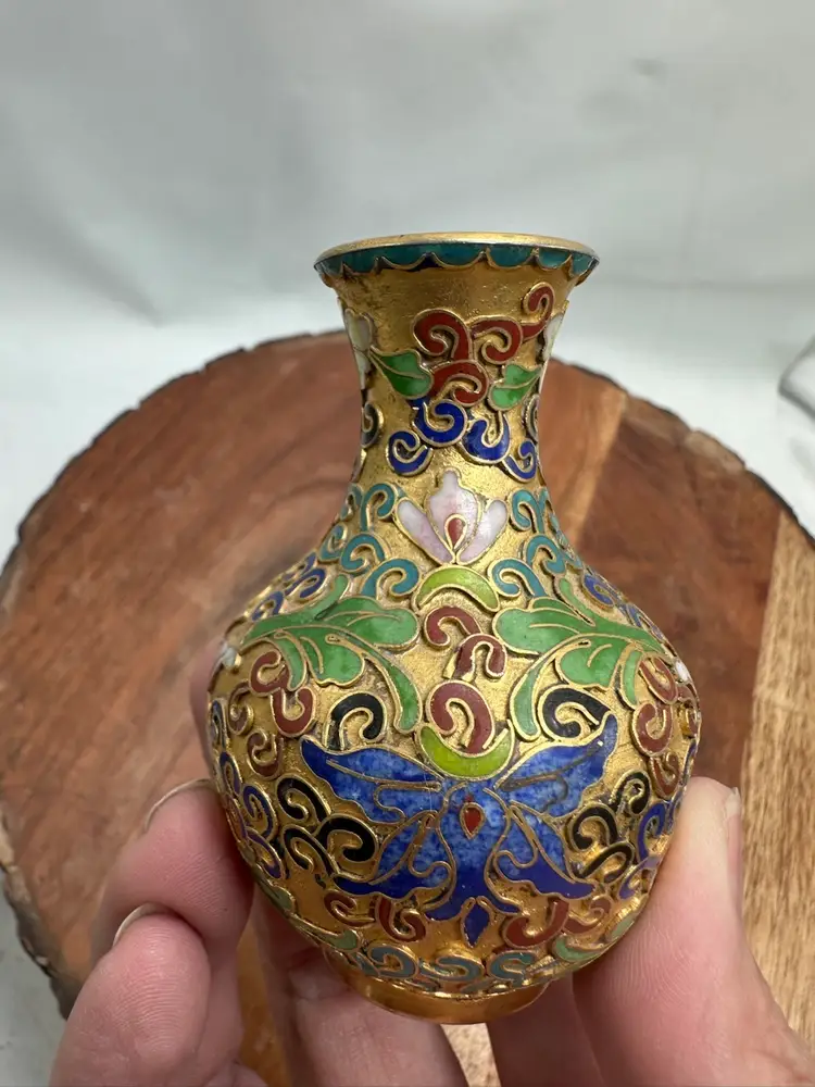 Vintage Miniature Asian Floral Cloisonne Enamel Brass Mini Vase
